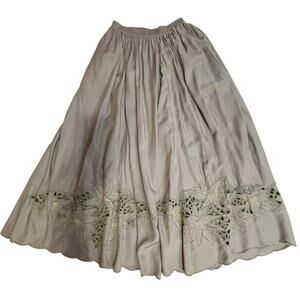 Rayon Eyelet Floral Gray W/ Metallic Gold Detail Midi Cottage-core Skirt Small